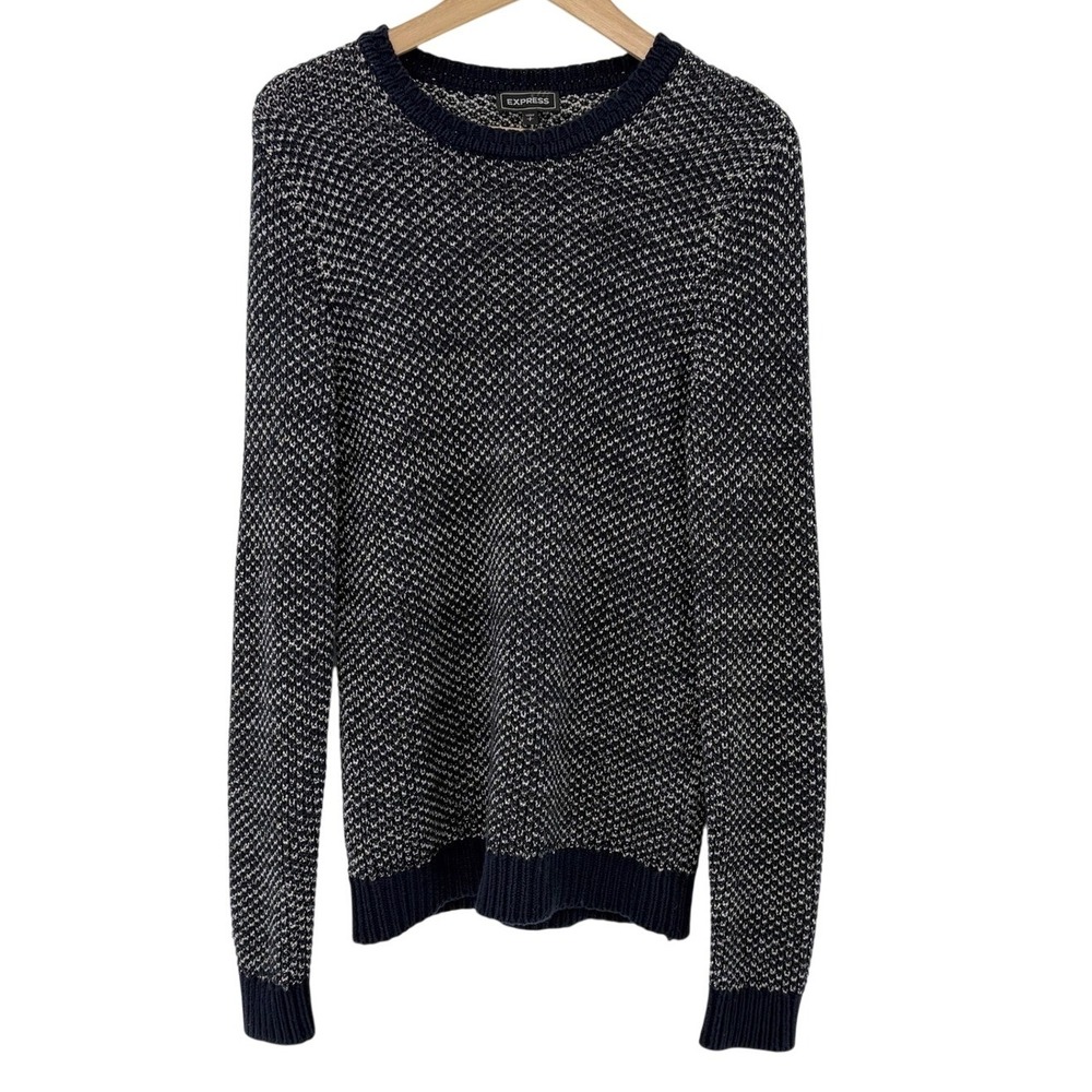 Express Womens Navy‎ Blue White Textured Marled Knit Crewneck Sweater Small